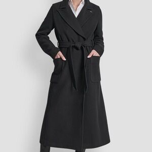 DKNY Women's Black Coat Size M LONG WOOL TAILORED TIE WAIST COAT NEW